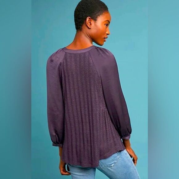 Anthropologie MEADOW RUE Purple Kersee Henley Blouse Top Mixed Materials Size XS - Picture 2 of 8